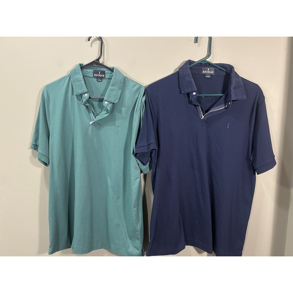 Baobab Mens Pima Cotton Short Sleeve Polo Shirt (2) Navy Blue Green Zip Up Sz Lg